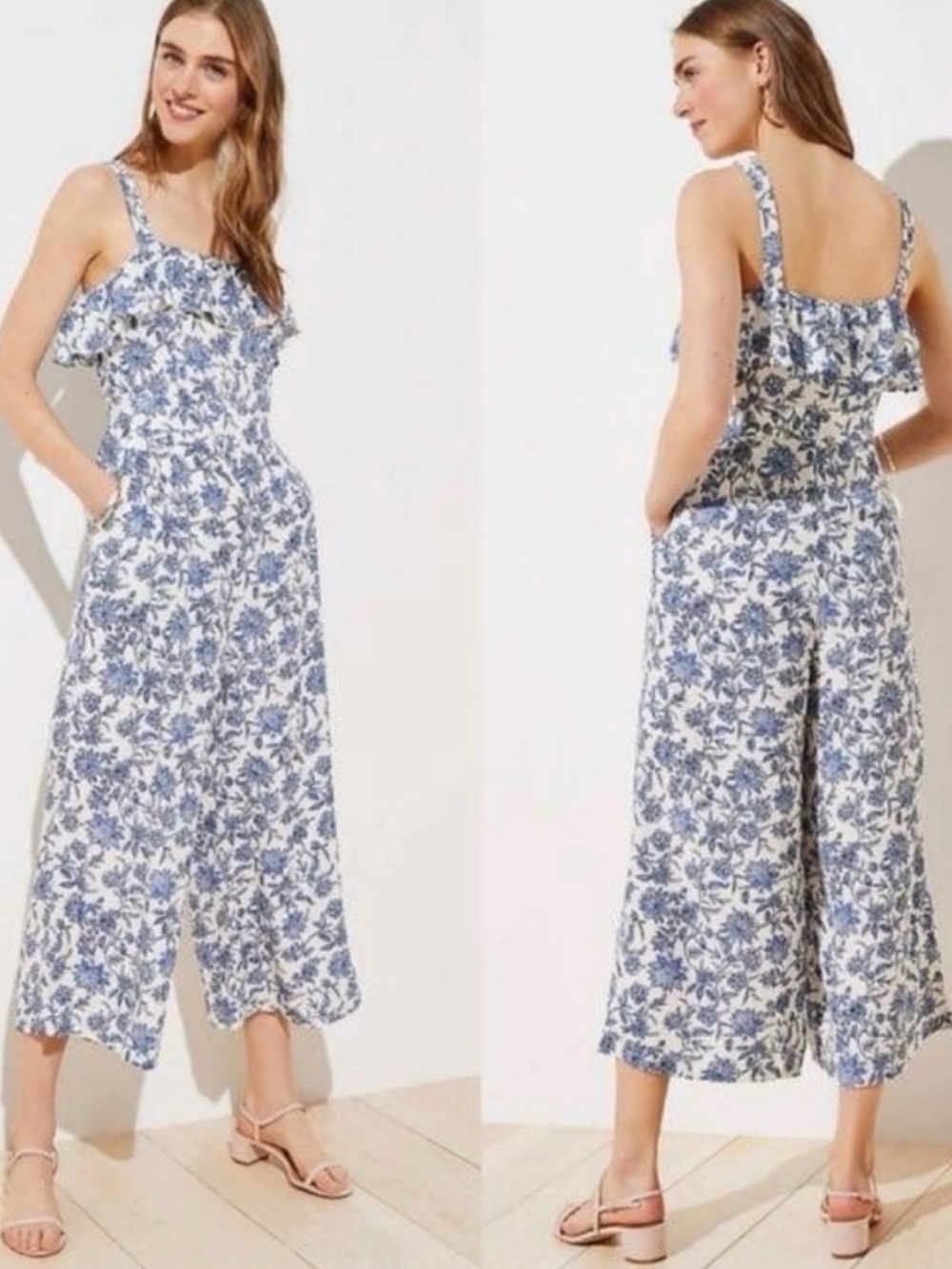 LOFT Blue & White Floral Wide Leg Jumpsuit w/ Pockets 100% Viscose Size 10
